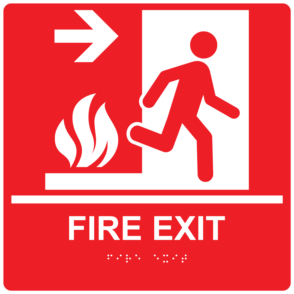 red and white fire exit sign with braille