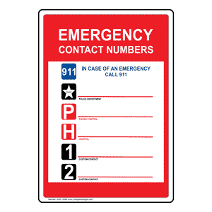 Emergency contact numbers sign