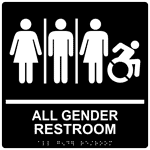 Square Black Braille All Gender Restroom Sign With Dynamic Accessibility Symbol