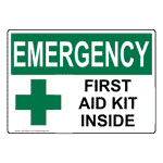 Green and White OSHA Emerency First Aid Kit Inside Sign with Cross Symbol