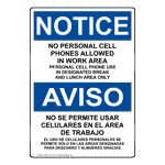 OSHA Notice No Personal Cell Phones in Work Area English - Spanish Sign