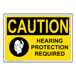 Yellow OSHA Caution Hearing Protection Required Sign with Symbol