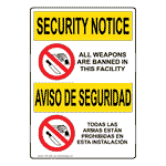 English + Spanish All Weapons Are Banned in This Facility sign with no weapons symbol