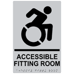 Silver ADA Braille Accessible Fitting Room Sign with Dynamic Accessibility Symbol