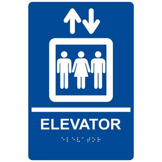 Blue ADA Braille ELEVATOR Sign with Symbol RRE-685_White_on_Blue