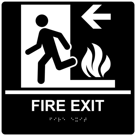 Square Black ADA Braille FIRE EXIT Left Sign - RRE-250-99_White_on_Black