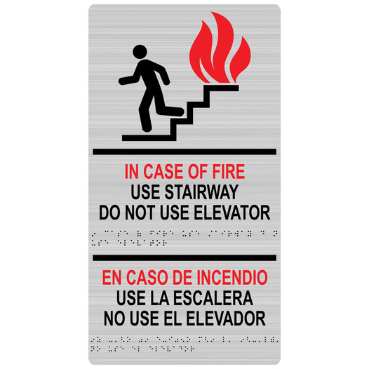 Brushed Silver ADA Braille IN CASE OF FIRE USE STAIRWAY English + Spanish Sign RRB-265_MULTI_Black_on_BrushedSilver