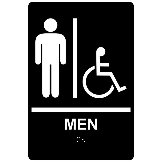 Black ADA Braille Accessible MEN Sign with Symbol RRE-150_White_on_Black