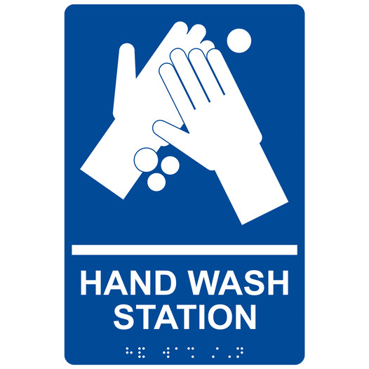 Blue ADA Braille HAND WASH STATION Sign with Symbol RRE-997_White_on_Blue