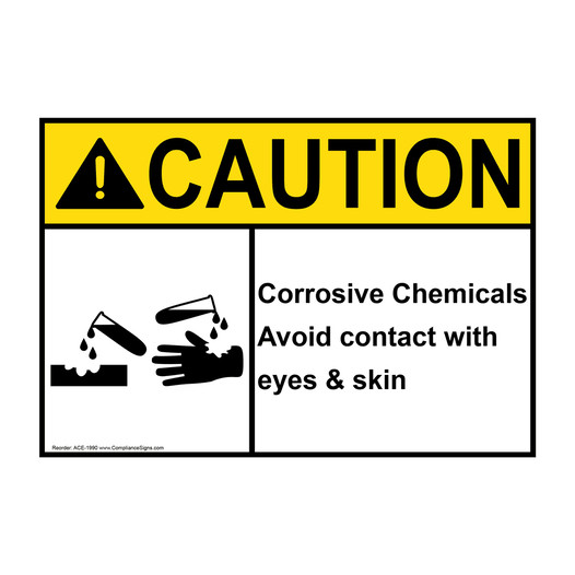 ANSI CAUTION Corrosive Chemicals Avoid Contact Sign with Symbol ACE-1990