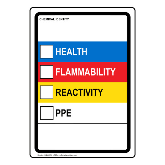 Chemical Identity Health Flammability Reactivity PPE Sign HAZCHEM-14705