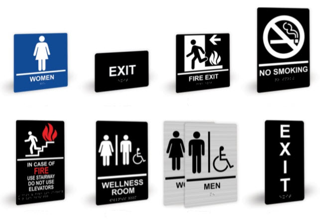 Braille signs commonly found in businesses include signs for restrooms, exits and stairways.