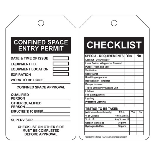 Confined Space Entry Permit Checklist Safety Tag CS626900