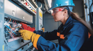 Electrician at work wearing PPE for safety