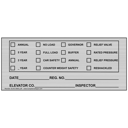 Silver Elevator Test Inspection Tag Sign ELVE-39503_BF