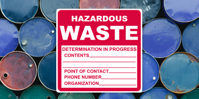 Red Hazardous Waste Label and Chemical Drums