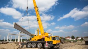 Mobile crane lifting material at a construction site