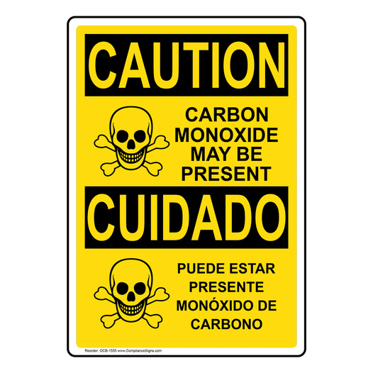 English + Spanish OSHA CAUTION Carbon Monoxide May Be Present Sign With Symbol OCB-1555