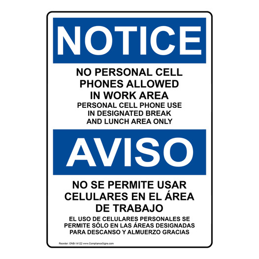 English + Spanish OSHA NOTICE No Personal Cell Phones Allowed Sign ONB-14122