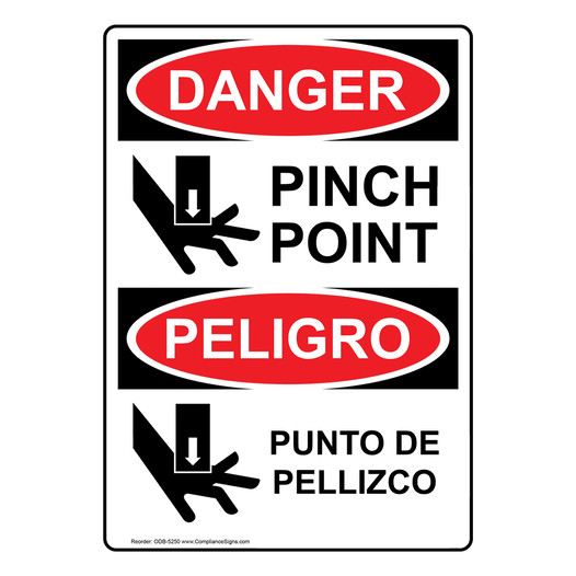 English + Spanish OSHA DANGER Pinch Point Sign With Symbol