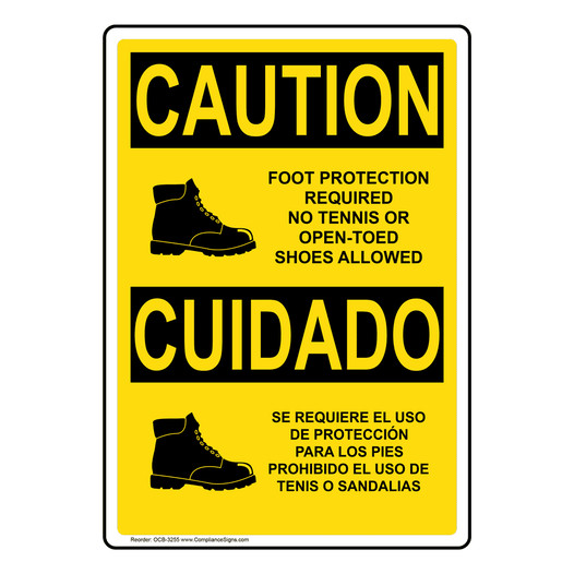 English + Spanish OSHA CAUTION Foot Protection Required Sign With Symbol OCB-3255