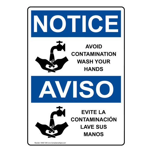 English + Spanish OSHA NOTICE Avoid Contamination Wash Hands Sign With Symbol ONB-1355