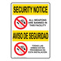 English + Spanish OSHA SECURITY NOTICE All Weapons Are Banned Sign With Symbol OUB-16361