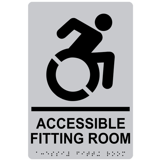 Silver Braille ACCESSIBLE FITTING ROOM Sign with Dynamic Accessibility Symbol RRE-19949R_Black_on_Silver